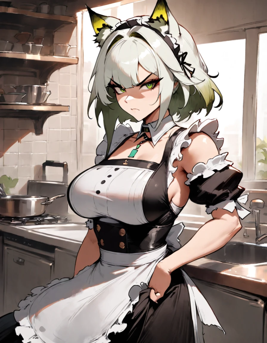 cutesexyrobutts style, 1girl, izayoi_sakuya, solo, maid_headdress, weapon, breasts, red_eyes, watch, braid, pocket_watch, gloves, large_breasts, gun, handgun, holding, twin_braids, long_sleeves, bow, apron, white_gloves, knife, grey_hair, looking_at_viewer, green_bow, chain, black_background, holster, maid, short_hair, hair_bow, dress, corset, holding_knife, frills, white_apron, waist_apron, floral_print, bangs, blue_dress, shirt, cowboy_shot, white_bow, simple_background, back_bow, hair_between_eyes, underbust, closed_mouth, thigh_holster, thigh_strap, maid_apron, shaded_face, arm_up