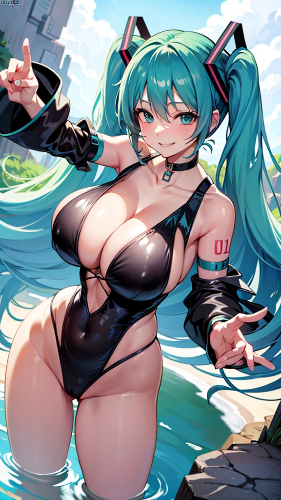 Hatsune Miku sexy very big boobs cleavage and pose smiling