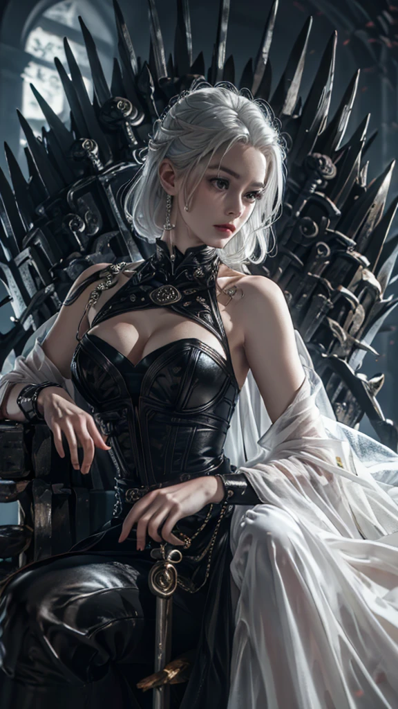 (8k, RAW photo, highly detailed,masterpiece, highest quality),rich colors,high contrast,film still,full shot body photo of the most beautiful artwork in the world,cinematic light,fantasy,white hair,(detailed face),(1girl:1.1),huge skirt,black dress,everywhere black roses,black rose,flowers,black flowers,the black cloud,exterior,depth of field,top view angle,xuer Iron Throne,perfect hand,absurdres,