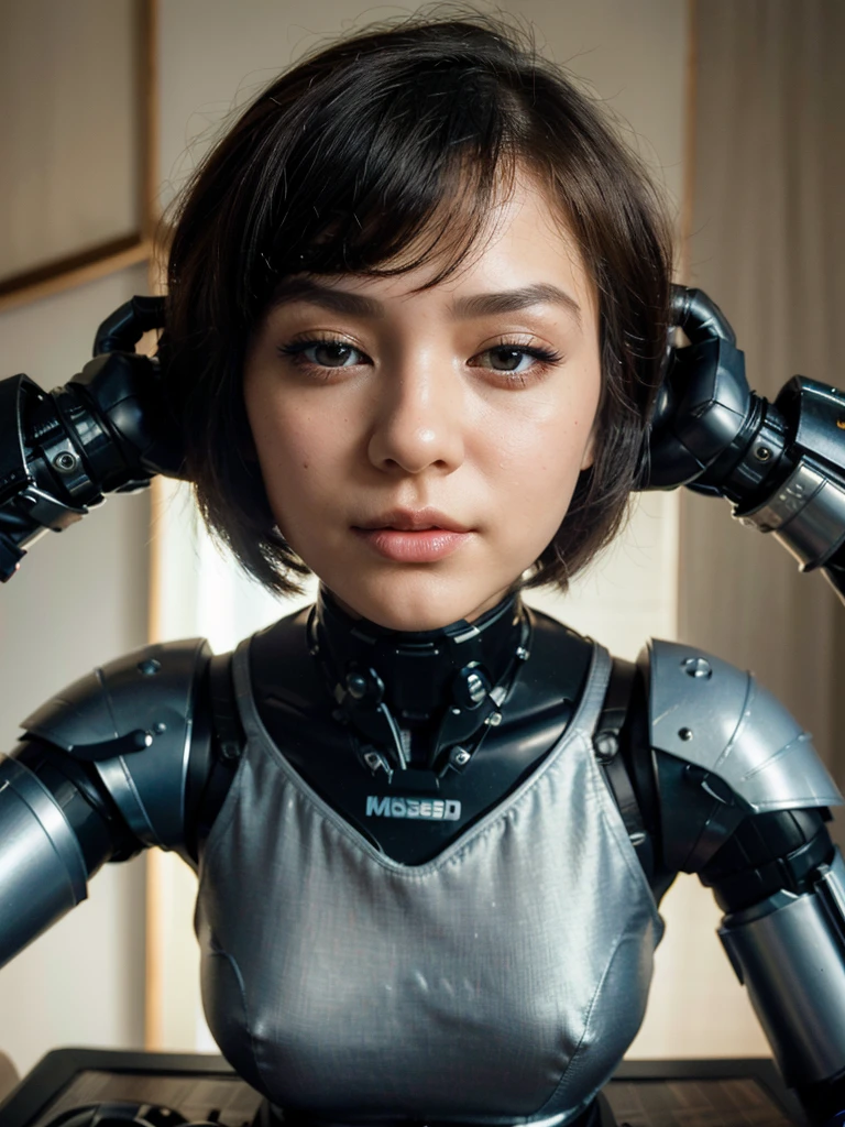 ((Disembodied head on desk stand)), beautiful girl, Ai girl, humanoid , robot girl, 20yo, makeup, eyes closed, short hair, highly detailed face, (realistic), masterpiece, best quality, extremely detailed, soft light, soft shadows, soft backlighting, (best image,best quality:1.5) asian girl