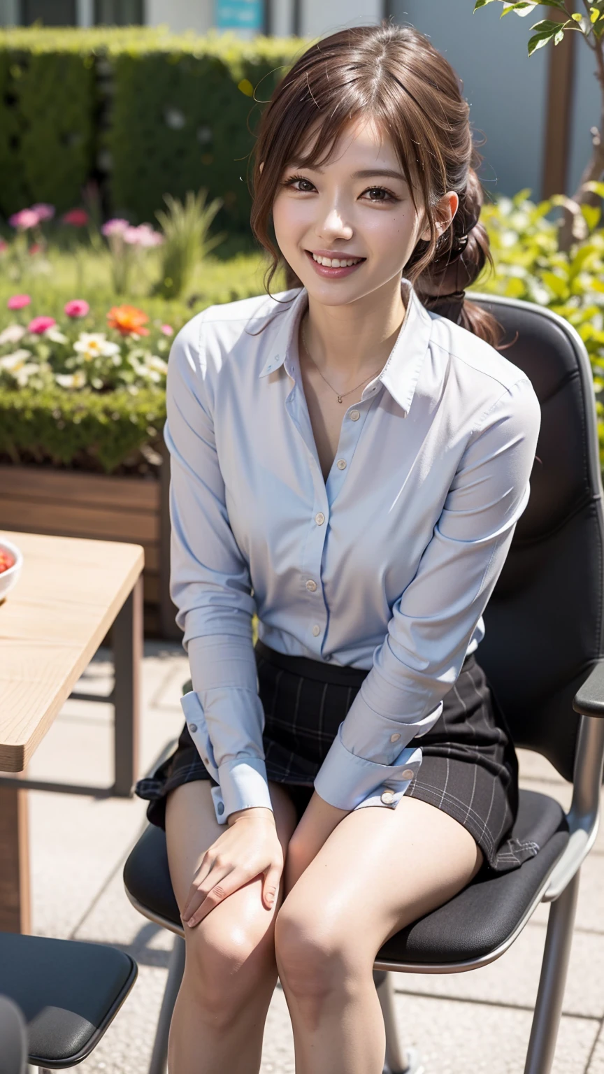 8K quality、High resolution、High resolutionの瞳、woman、Office Lady、mini skirt、リアルなwoman性器、Small breasts、Sweat accumulates in the chest、garden、Sit on a chair with your legs apart and leaning forward、The best smile、