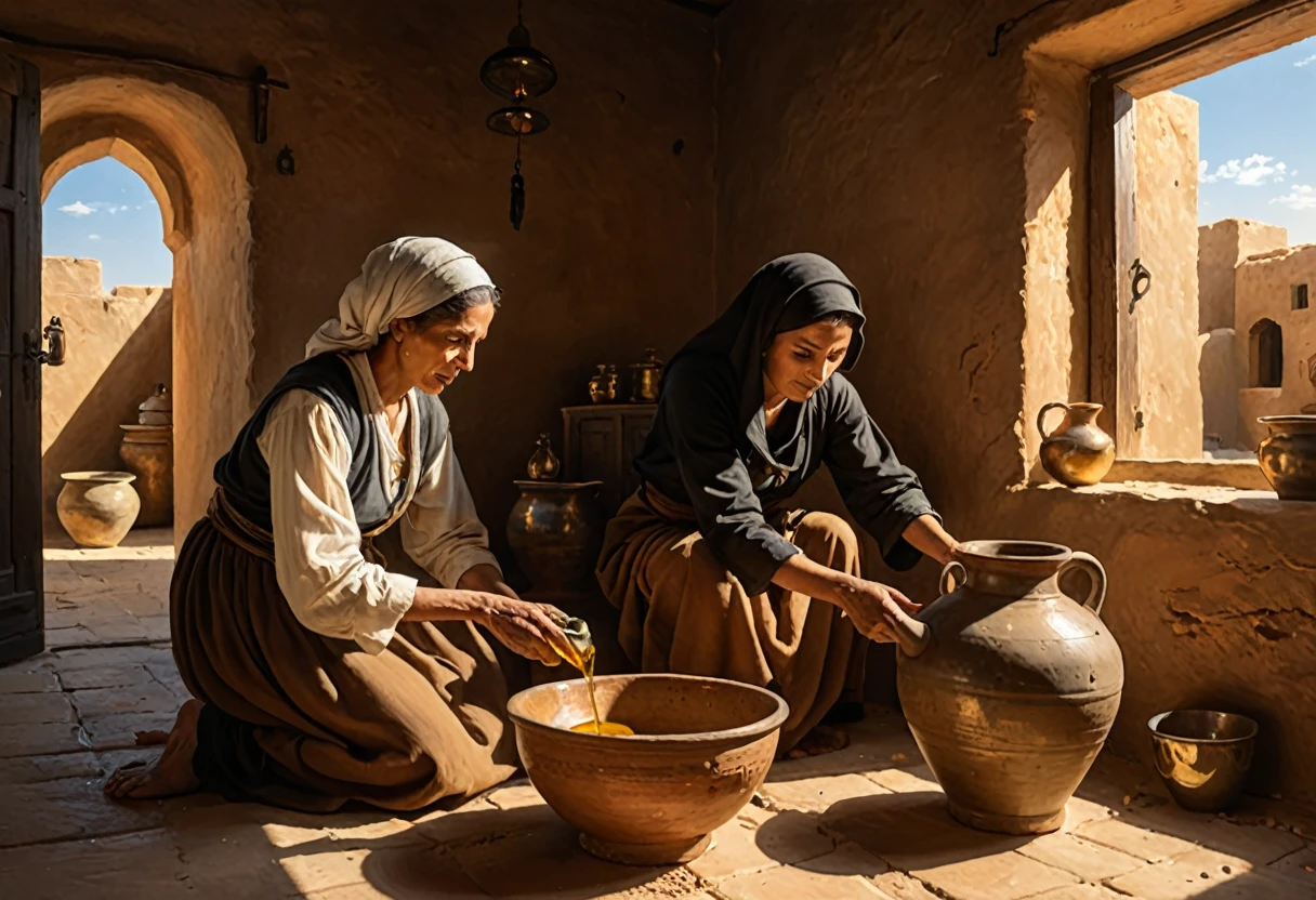 ((widow pouring oil into a vessel beside)), ( boy by your side watching), (ancient Middle Eastern village), (widow pouring oil from a jar while Elisha looks on), (biblical narrative moment), (modest home with clay walls and simple furnishings), (soft, natural light filtering through a window), (inspired by Rembrandt), (realistic), (digital painting), (historical scene), (earthy tones with highlights of gold and brown), (high resolution, ultra-detailed), (masterpiece quality)