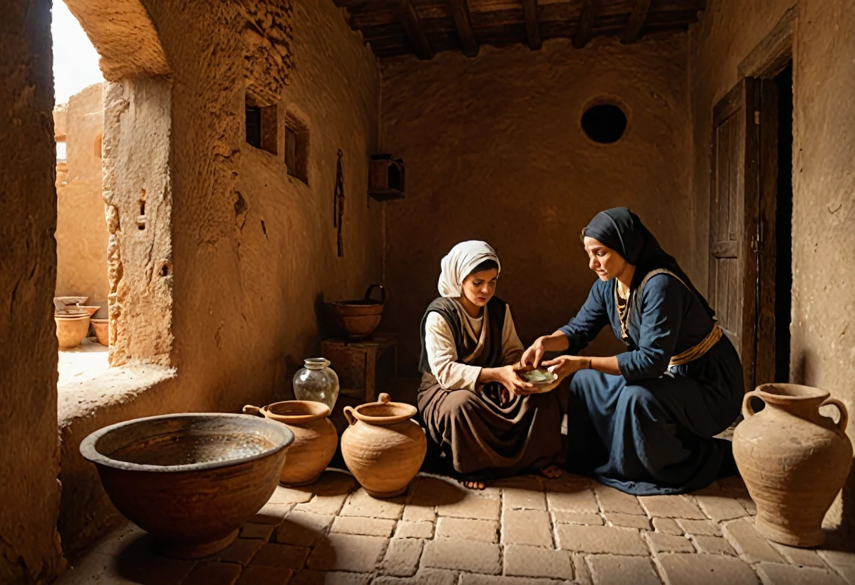 ((widow pouring oil into a vessel beside)), (small boy by your side watching), (ancient Middle Eastern village), (widow pouring oil from a jar while Elisha looks on), (biblical narrative moment), (modest home with clay walls and simple furnishings), (soft, natural light filtering through a window), (inspired by Rembrandt), (realistic), (digital painting), (historical scene), (earthy tones with highlights of gold and brown), (high resolution, ultra-detailed), (masterpiece quality)
