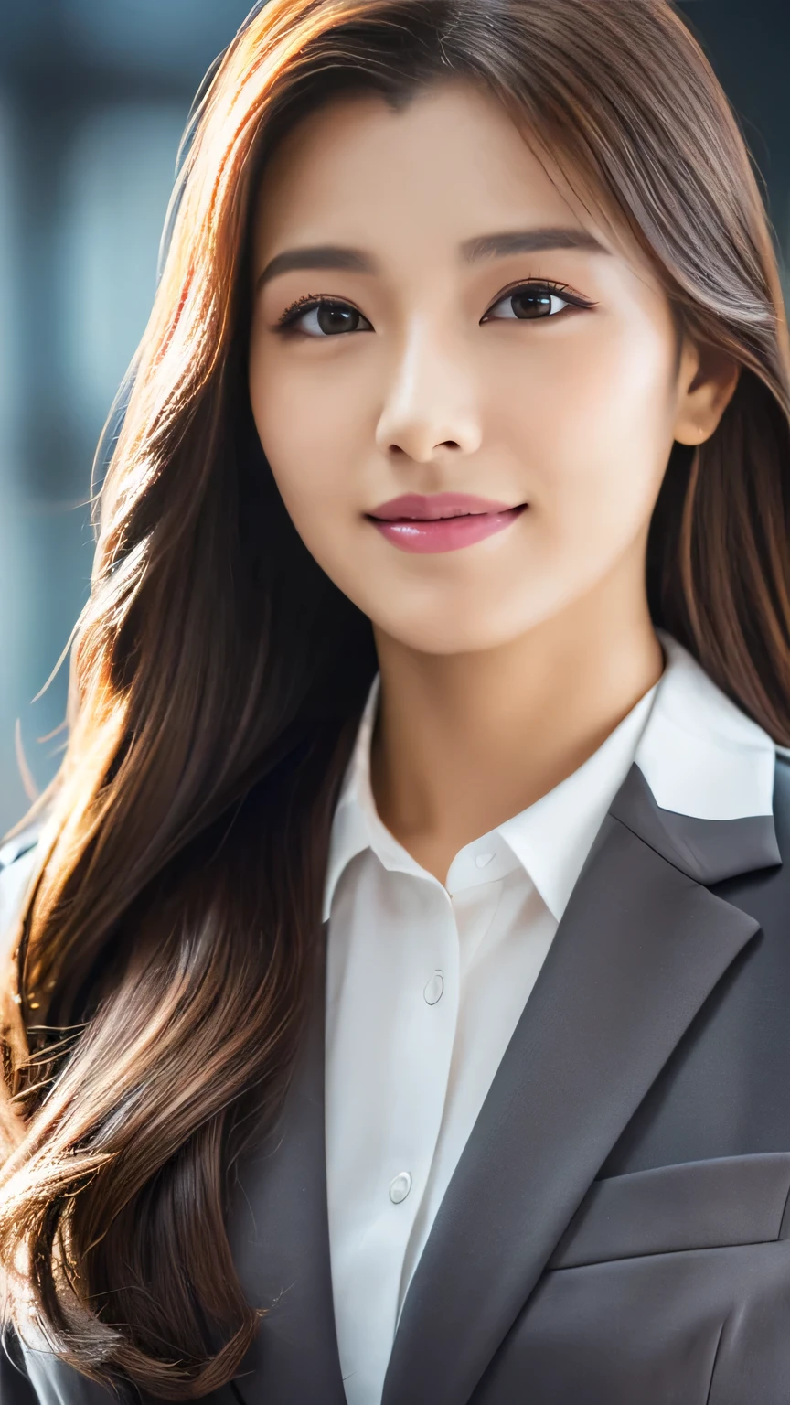 Tabletop, Highest quality, Realistic, Very detailed, finely, High resolution, 8k wallpaper, One beautiful woman, ((Australian/Japanese mix)), Light brown super long hair, Wearing a business suit, Sharp focus, Perfect dynamic composition, Beautiful and detailed, Long eyelashes、((Heavy makeup))、Detailed Realistic skin texture, ((front))、 smile, From the chest up、