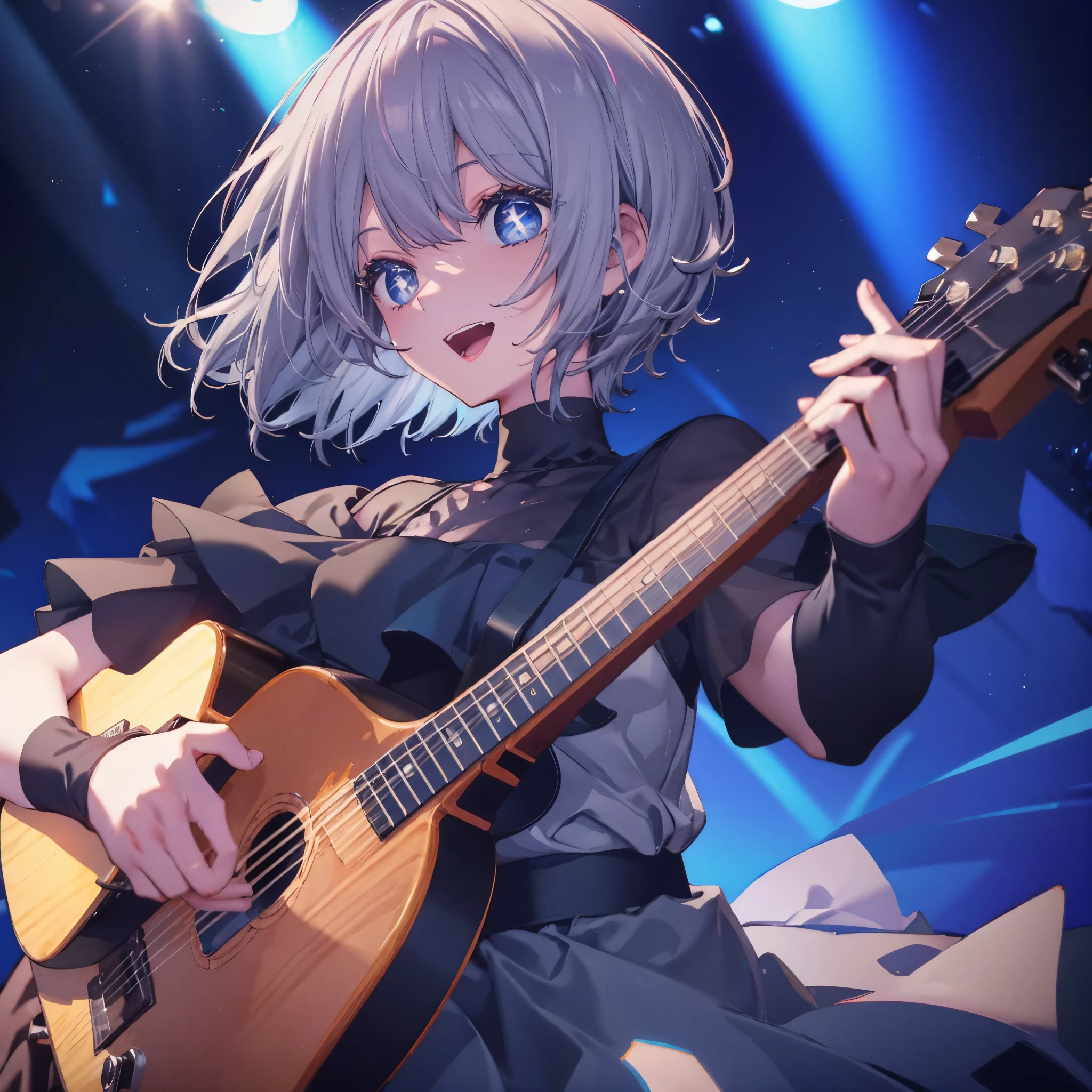 (((1 person Gray Hair dress singer blue eyes))) ((High resolution short hair 青いdress Black Skirt Rin々Funny face)) ((Close-up)) ((Open your mouth Shining Aura On stage Guitar solo)) (smile Exposure to blue light) Shining Background Shining Edge