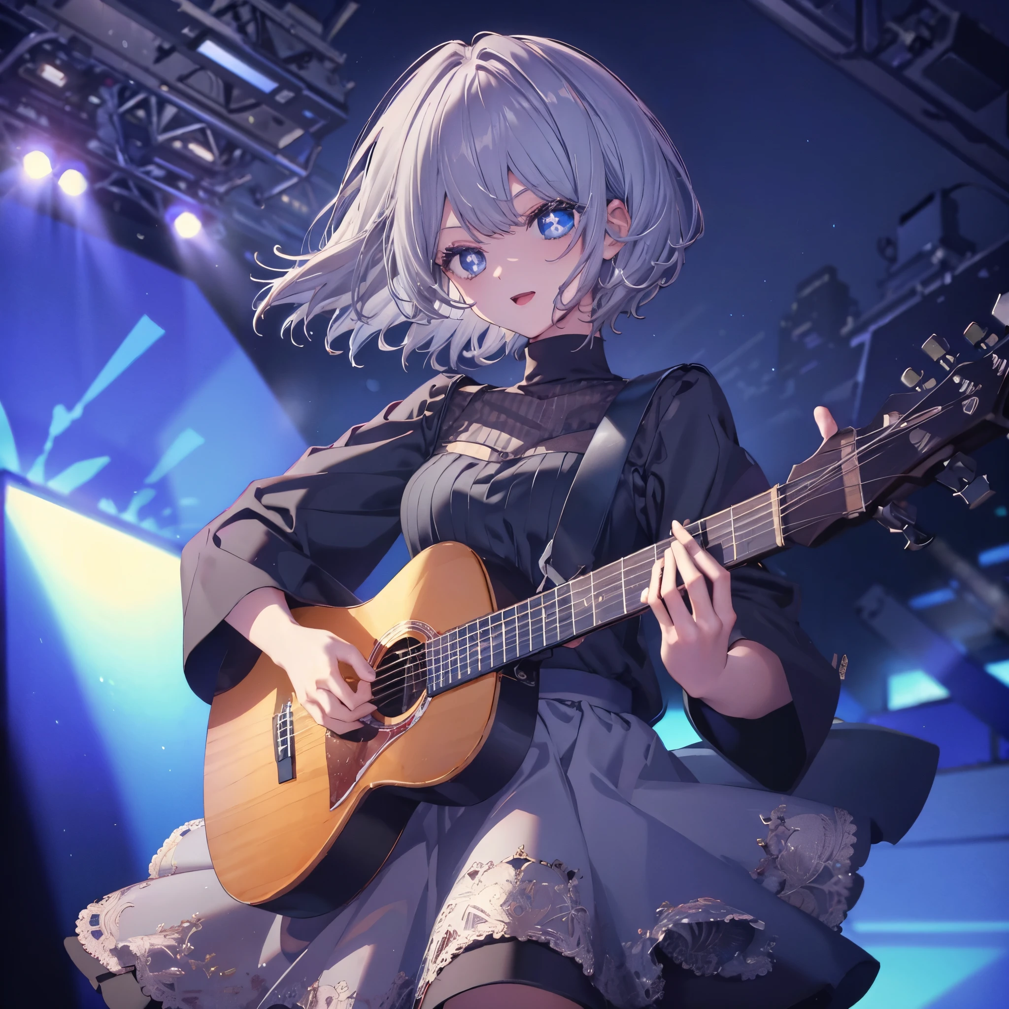 (((1 person　Gray Hair　dress　singer　blue eyes)))　((High resolution　short hair　青いdress　Black Skirt　Rin々Funny face))　((Close-up))　((Open your mouth　Shining Aura　On stage　Guitar solo))　(smile　Exposure to blue light)　Shining Background　Shining Edge