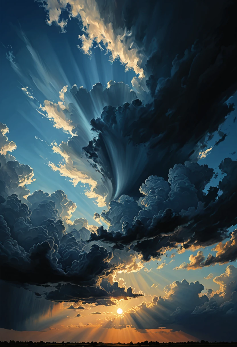 sky in gradient from dark to light blue, (sun above shining), (black and threatening clouds below), (realistic), (digital painting), (high resolution), (ultra-detailed), (masterpiece quality),