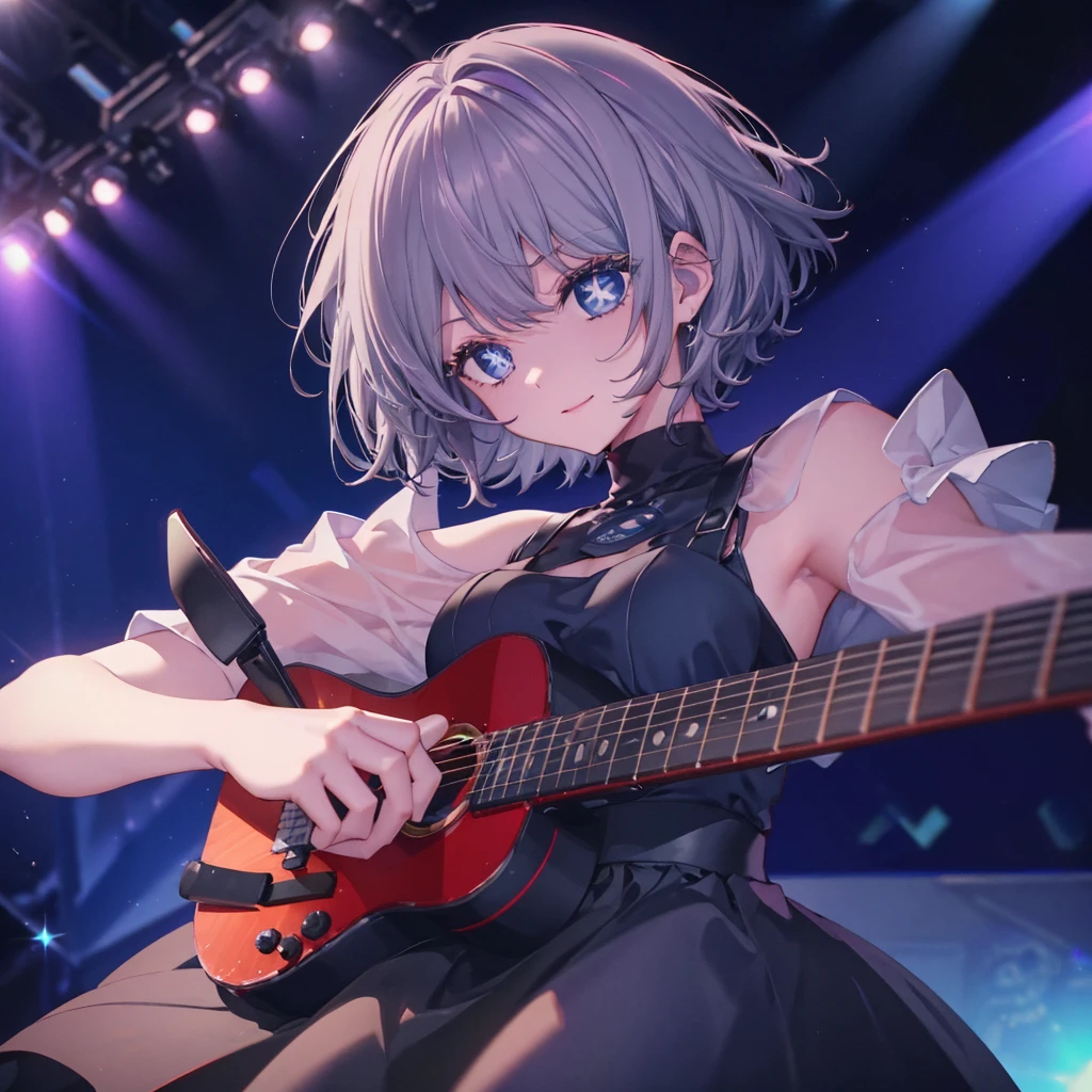 (((1 person　Gray Hair　dress　singer　blue eyes)))　((High resolution　short hair　青いdress　Black Skirt　Rin々Funny face))　((Close-up))　((Open your mouth　Shining Aura　On stage　Guitar solo))　(smile　Exposure to blue light)　Shining Background　Shining Edge