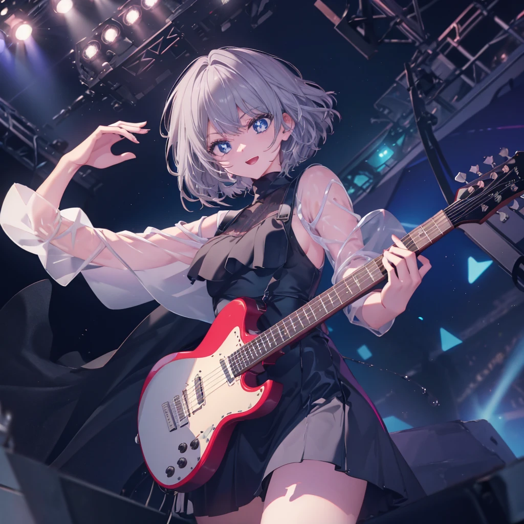 (((1 person　Gray Hair　dress　singer　blue eyes)))　((High resolution　short hair　青いdress　Black Skirt　Rin々Funny face))　((Close-up))　((Open your mouth　Shining Aura　On stage　Guitar solo))　(smile　Exposure to blue light)　Shining Background　Shining Edge