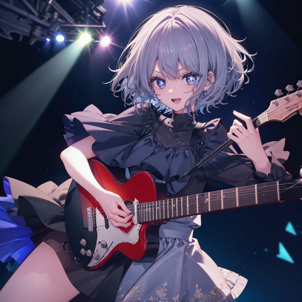 (((1 person Gray Hair dress singer blue eyes))) ((High resolution short hair 青いdress Black Skirt Rin々Funny face)) ((Close-up)) ((Open your mouth Shining Aura On stage Guitar solo)) (smile Exposure to blue light) Shining Background Shining Edge