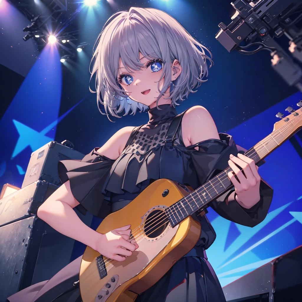 (((1 person Gray Hair dress singer blue eyes))) ((High resolution short hair 青いdress Black Skirt Rin々Funny face)) ((Close-up)) ((Open your mouth Shining Aura On stage Guitar solo)) (smile Exposure to blue light) Shining Background Shining Edge