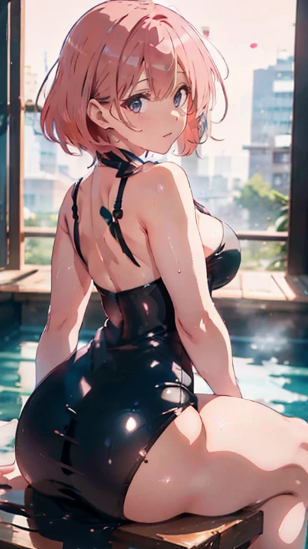 high resolution, ultra-sharp, 8K, work of art, gazing at viewer, Photography behind, very tight wet dress, thick ass, Perfect Anatomia, wearing Yokata, pink  hair, seducing smile, beautiful  face, sitting down, minimalist coloring