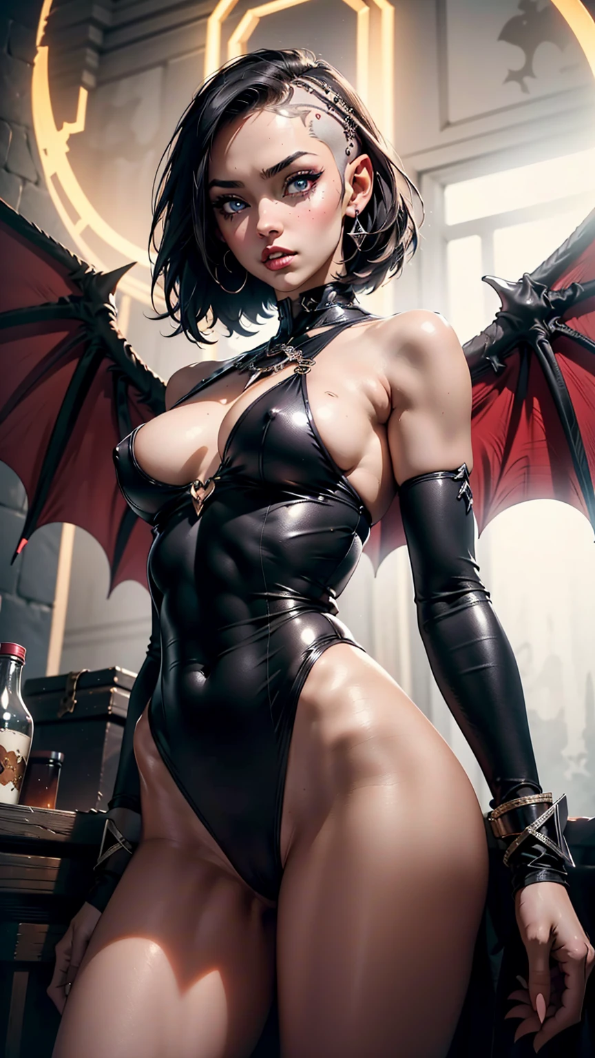 From below,  succubus, demon waifu，no hair on bald head, 35 years old, , demon wings，The curve is super thick，sixpack, chained, Tight  sheer lowleg  ,  Leucorrhoea， A blast tide revealed her ，，Diamond Jewelry，Harajuku girl makeup，   indentation， evocation， sfv， one girls， solo， Perfect body， face perfect， perfect hand， Perfect Finger， Perfect lips， perfect  eyes， Perfect background， perfect vibe， Professional quality， 8K， Perfect Photo， Highest high resolution， 8K， Ray traching， Perfect Volume Lighting， hight quality octane render， high quality vectors， ultra - detailed， SAW movie scenes，  room， Clear skin， Minimalist background， Perfect Skin， no abberations