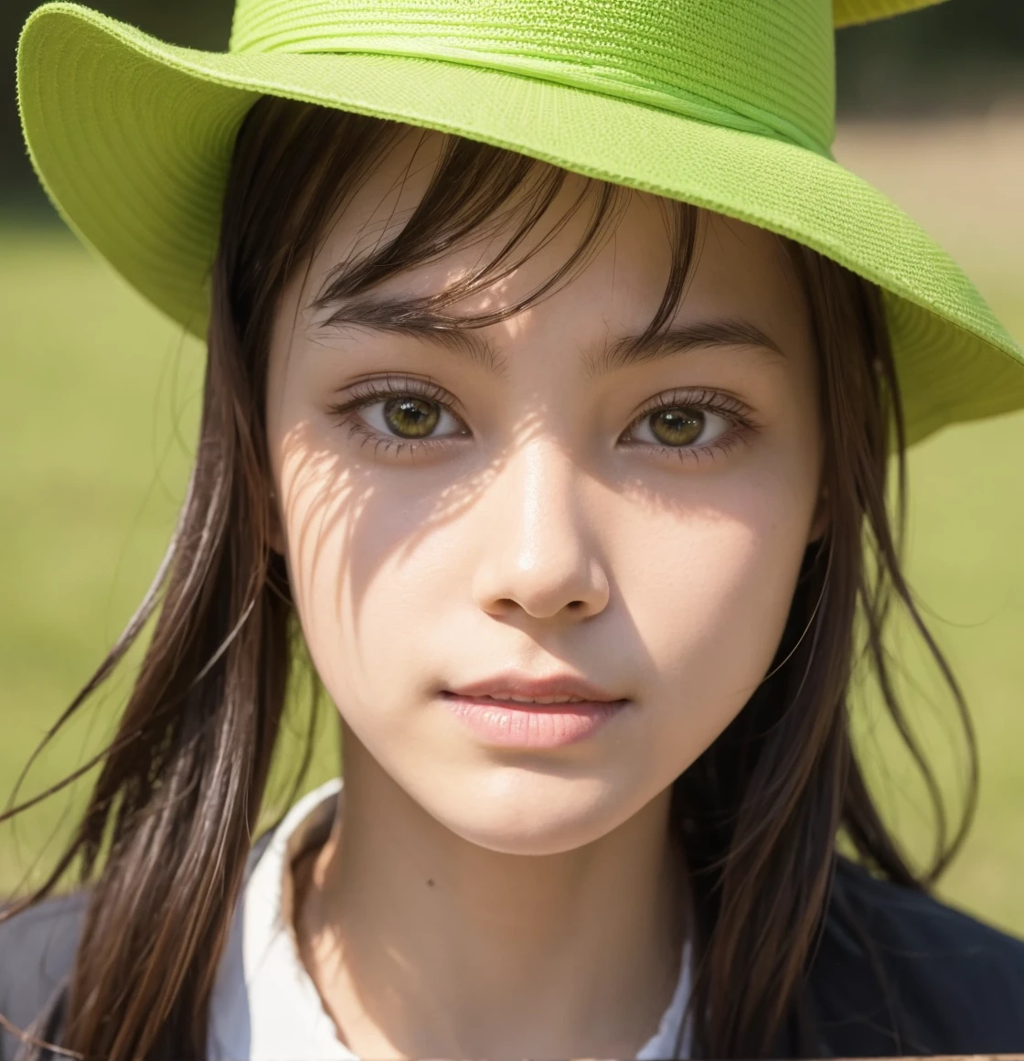 Please make the face of the attached person green and put a yellow hat on him.。