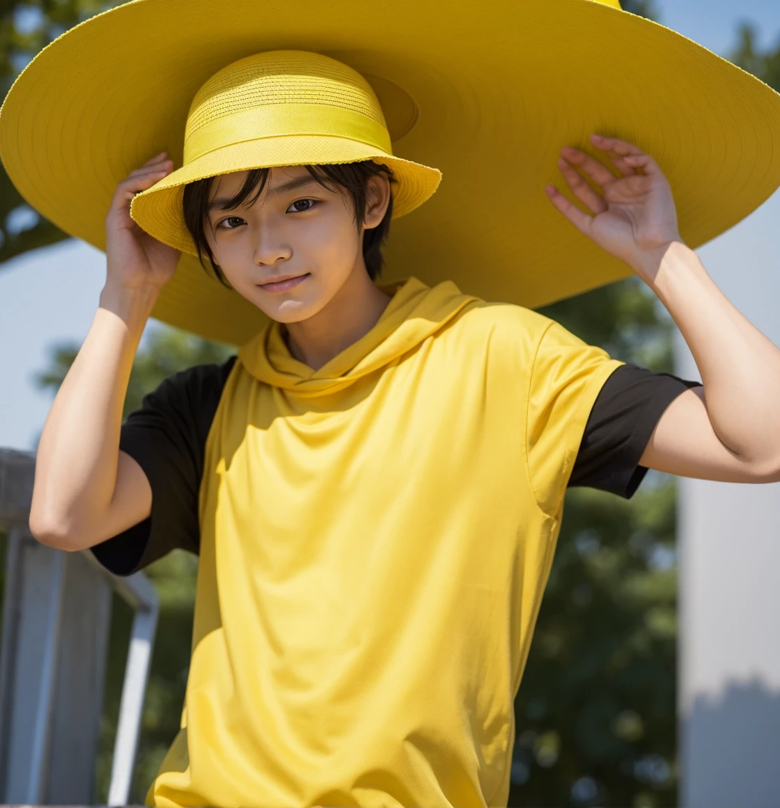 Please make the face of the attached person green and put a yellow hat on him.。