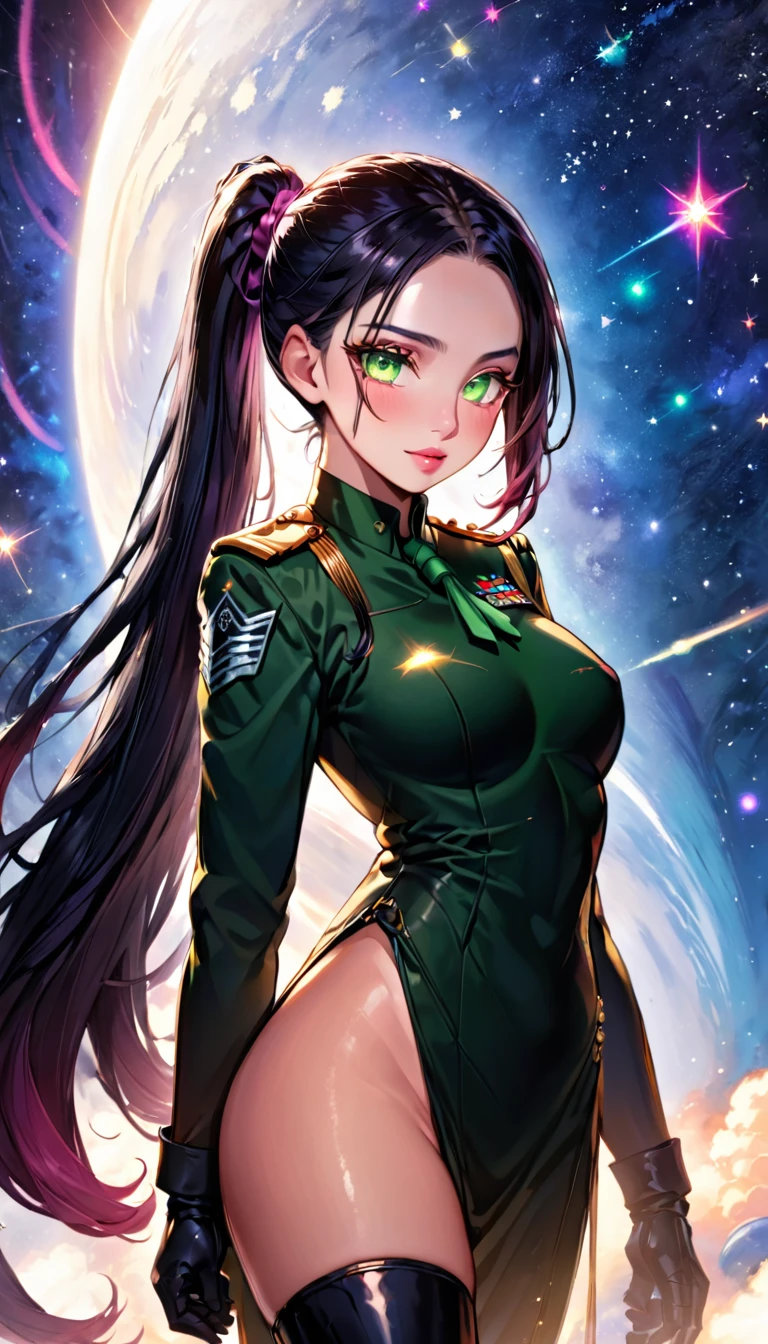 "Create an image of a beautiful female soldier named Lin Wei. She is tall and slender, about 170 centimeters in height, with an oval face, sparkling green eyes, finely shaped eyebrows, a slightly prominent nose, and soft pink lips. She has long, shiny black hair tied in a high ponytail. Lin Wei is wearing a perfectly fitting military uniform that highlights her strength and elegance, along with high boots.
Lin Wei is standing on a spaceship, with a vast expanse of space filled with twinkling stars as the backdrop. She looks directly at the camera with confidence and grace. The background should convey the grandeur and vastness of the universe."