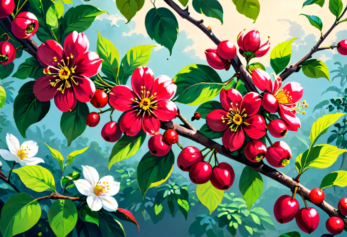 Coffee flowers，Coffee tree，Coffee Cherry，complex，Gorgeous,  Chantag, ish, Color theme, (best quality, masterpiece, representative work, Official Art, professional, 8K)