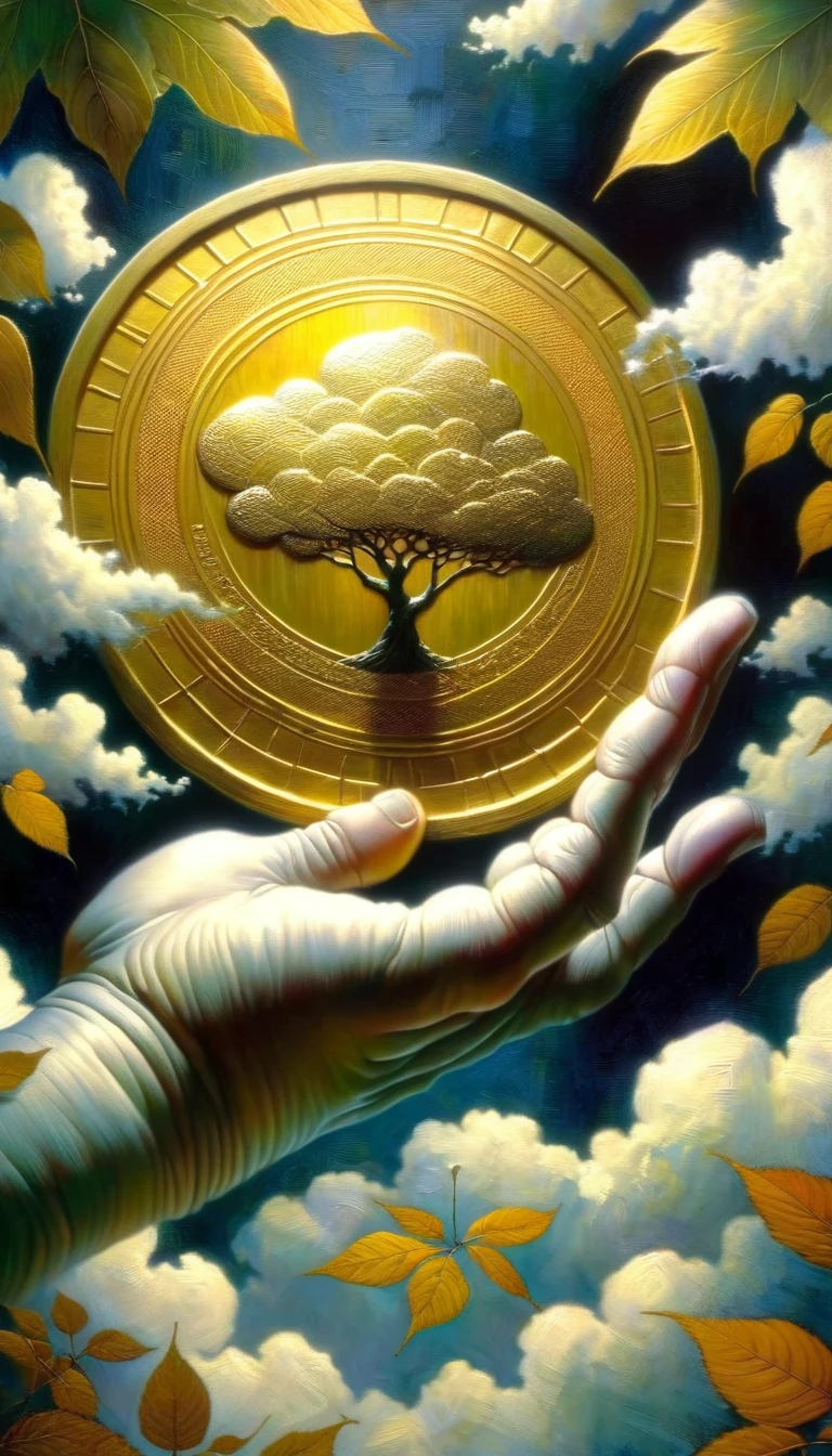 Over a leafy garden, a hand emerges from a cloud carrying a giant gold coin.(art inspired by Dave Mckean, intricate details, oil painting)