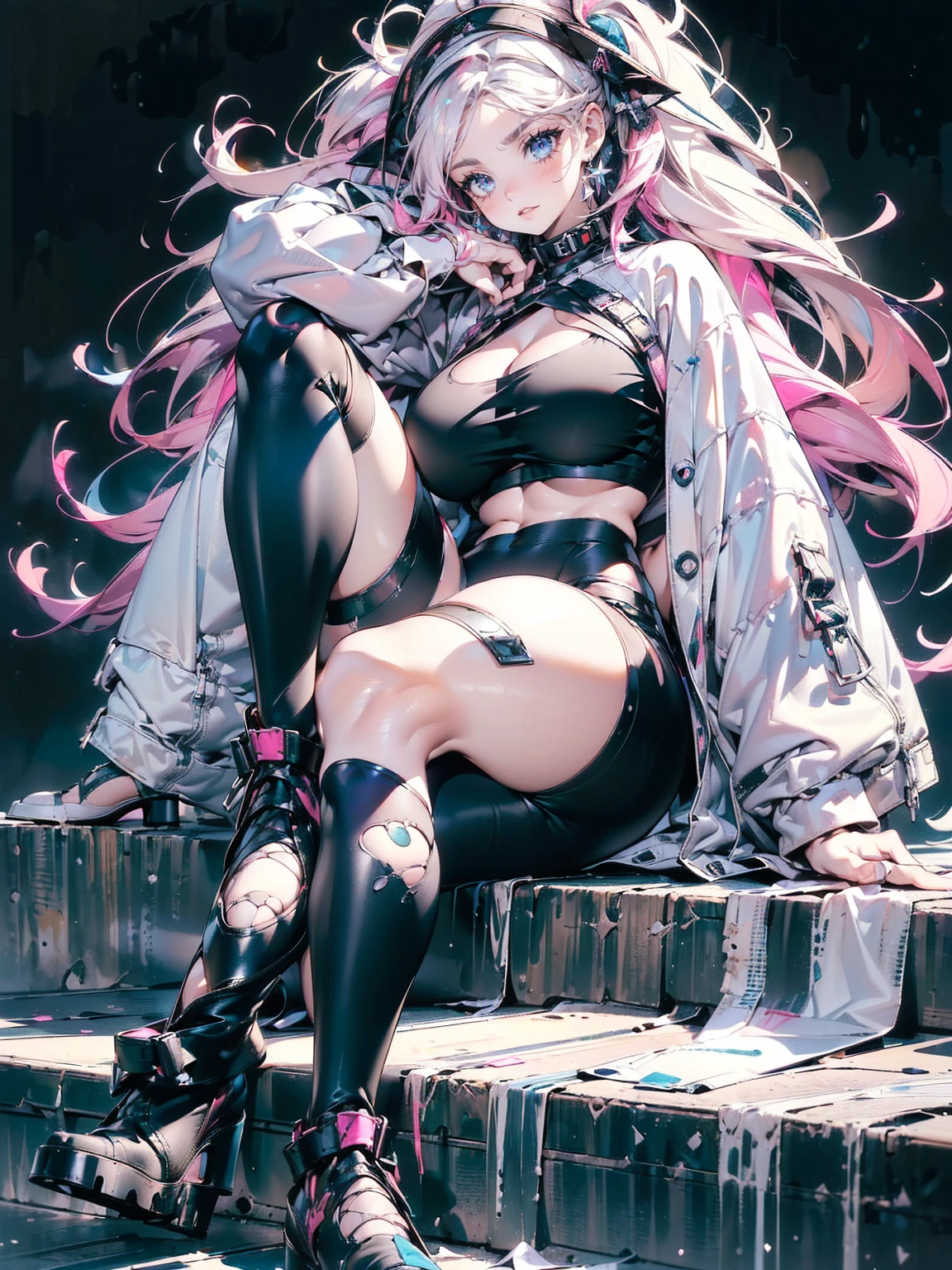 (((unique look:1.5, The eyes of famous artists, Unique Fashion)))、Pink Hair　(White Hair Girl), (Thick, dark blue eyebrows:1.4), (Dark blue eyebrows:1.7), (Thick eyebrows:1.3), (Huge black fluffy animal ears:1.1), (Black animal ears:1.1), BREAK, (((Mesh Stitching Crop T-Shirt, Cutout Long Sleeve Top))),BREAK, (Big Breasts:1.2, Thick legs, Adult female body, Sturdy body:1.5), ((Relax in the great outdoors:1.5)), (sharp eyes, Ultra-high definition CG, Precisely designed costumes, 4K, 8K, Ultra-high definition CG, , Expressive and Captivating Eyes, Fine Details and Realistic Textures, cinematic lighting), , BREAK, (Wearing black leggings with holes), Skinny sleeves, (Torn and holey leggings:1.2)(Black leggings:1.4), (Punkish Boots:1.2), (Thick sole:1.5), (Big shoes:1.3), ((unique look:1.5, The eyes of famous artists))　
