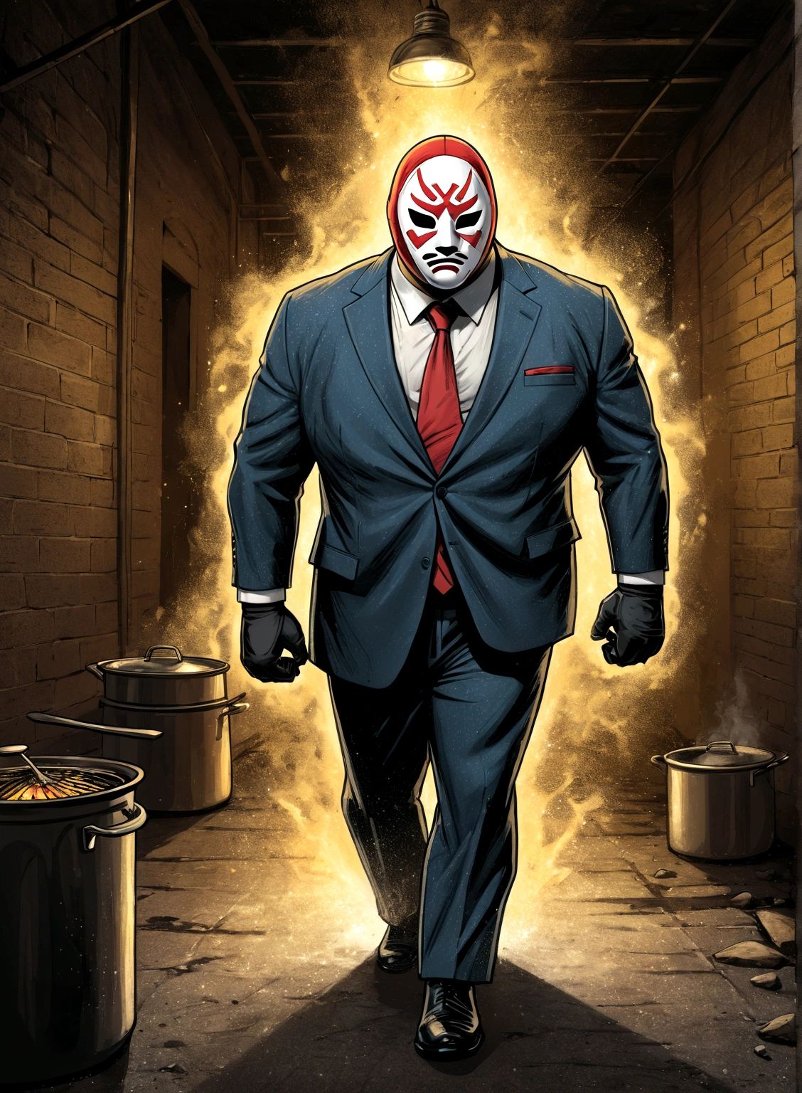 Minimalistic comic artwork of a large man in a business suit, wearing a wrestling mask, cooking in a dark alley, looking back at the camera, crosshatching, 2D, Sharp, Detailed, HD, HDR, High Quality, High Resolution, Masterpiece, single panel