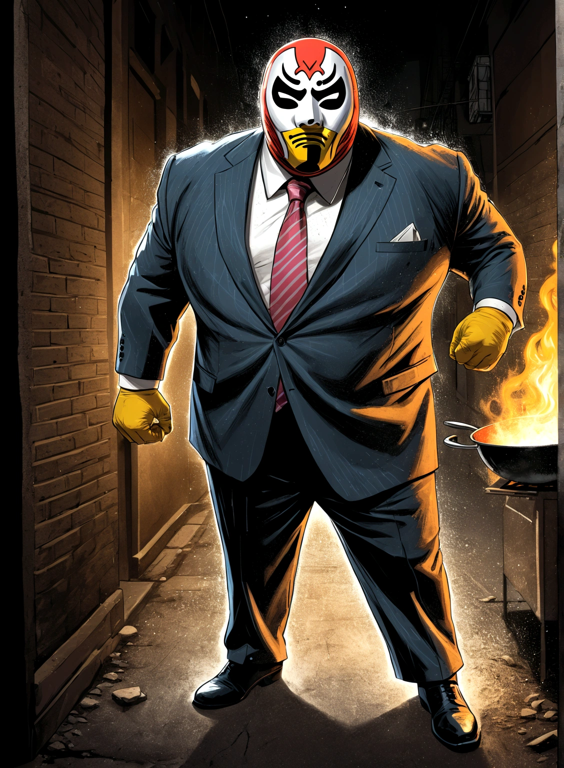 Minimalistic comic artwork of a large man in a business suit, wearing a wrestling mask, cooking in a dark alley, looking back at the camera, crosshatching, 2D, Sharp, Detailed, HD, HDR, High Quality, High Resolution, Masterpiece, single panel