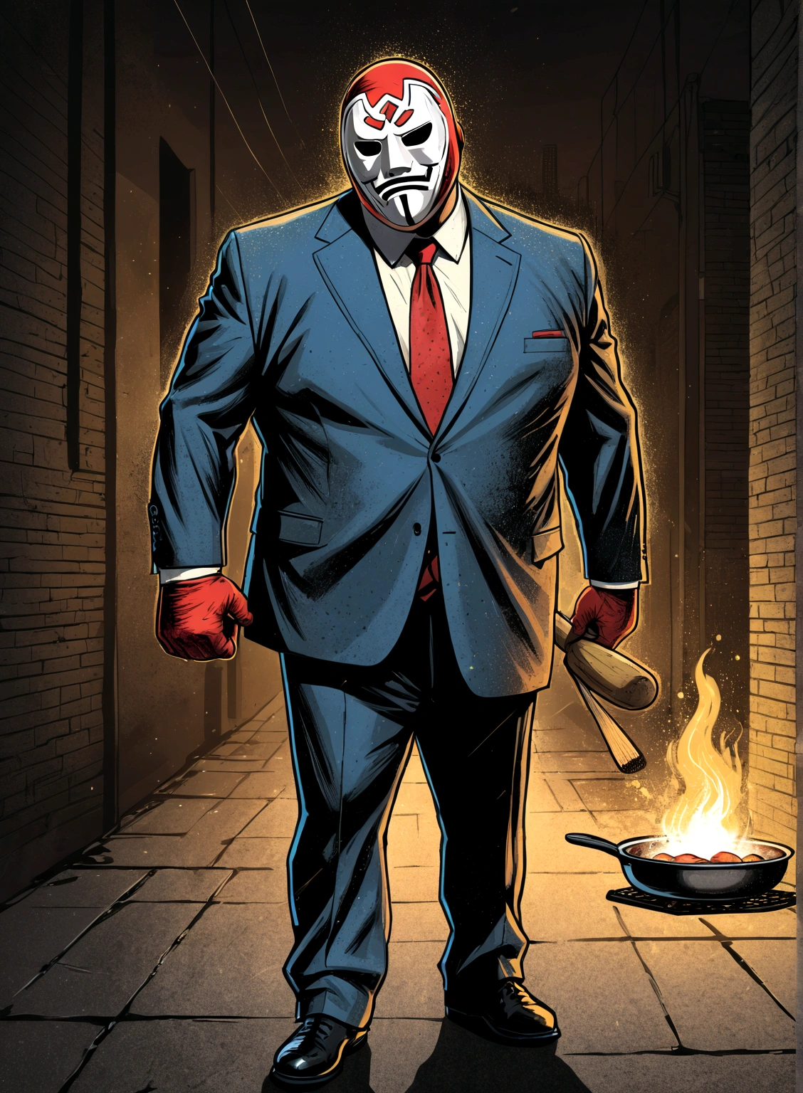 Minimalistic comic artwork of a large man in a business suit, wearing a wrestling mask, cooking in a dark alley, looking back at the camera, crosshatching, 2D, Sharp, Detailed, HD, HDR, High Quality, High Resolution, Masterpiece, single panel