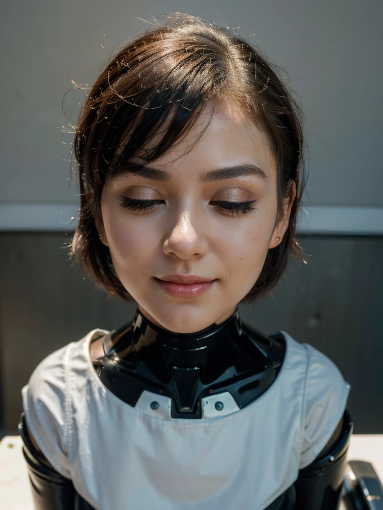 ((Disembodied head on desk stand)), beautiful girl, Ai girl, humanoid , robot girl, 20yo, makeup, eyes closed, short hair, highly detailed face, (realistic), masterpiece, best quality, extremely detailed, soft light, soft shadows, soft backlighting, (best image,best quality:1.5) asian girl, smile