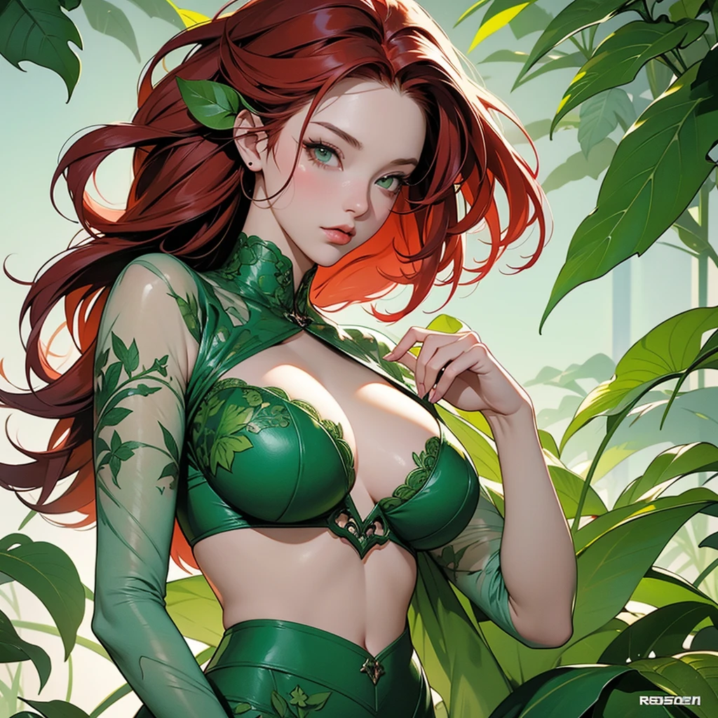 a woman with red hair and green leaves on her body, concept art, inspired by rossdraws, extremely detailed artgerm, print!, covered in vines, super hero art, oz, martin ansin, beautiful avatar pictures, karol bak uhd, beautiful green liquid, big leaf bra, cutesexyrobutts, lois van baarle and rossdraws