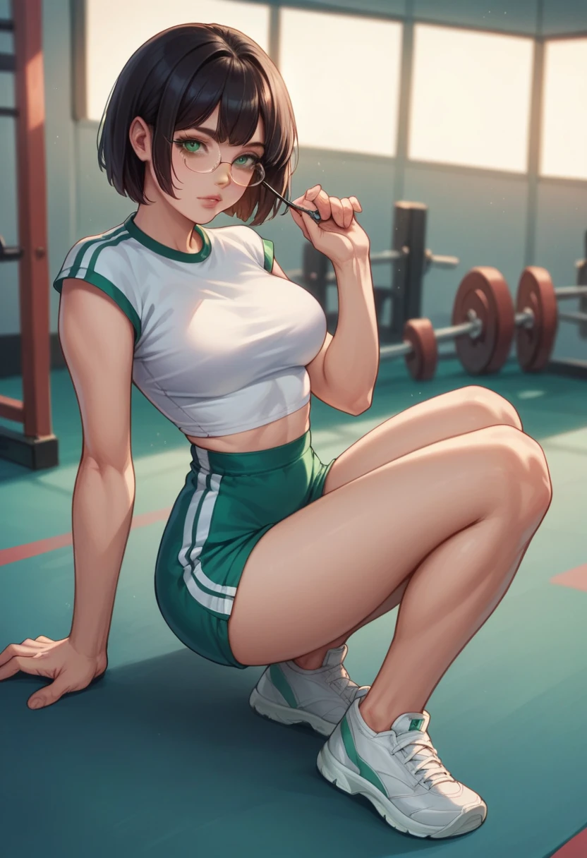 1 girl, a sexy female, green eyes, bob hair, wearing glasses, wearing gym clothes, sixpack, realistic, high detail, dramatic, full body, ultra Hd, Ultra realistic