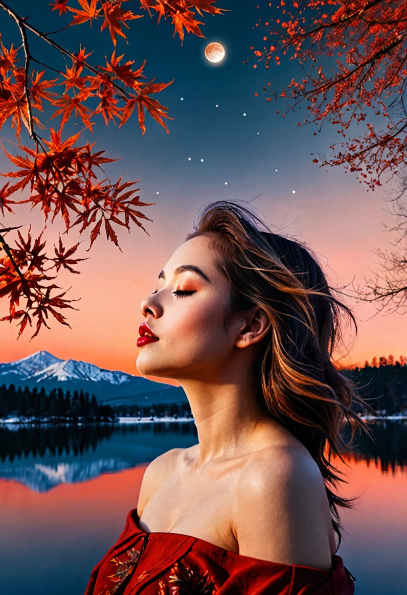 double exposure, girl, autumn, autumn leaves, bare shoulders, bare tree, branch, cherry blossoms, closed eyes, evening, falling leaves, fire, forest, from the side, full moon, lake, leaf, leaf background, lips, maple leaf, moon, mountain, nature, orange sky, outdoor, palm tree, pine, profile, realistic, red sky, landscape, sky, snow, solo, sun, sunset, tree, twilight, upper body, winter