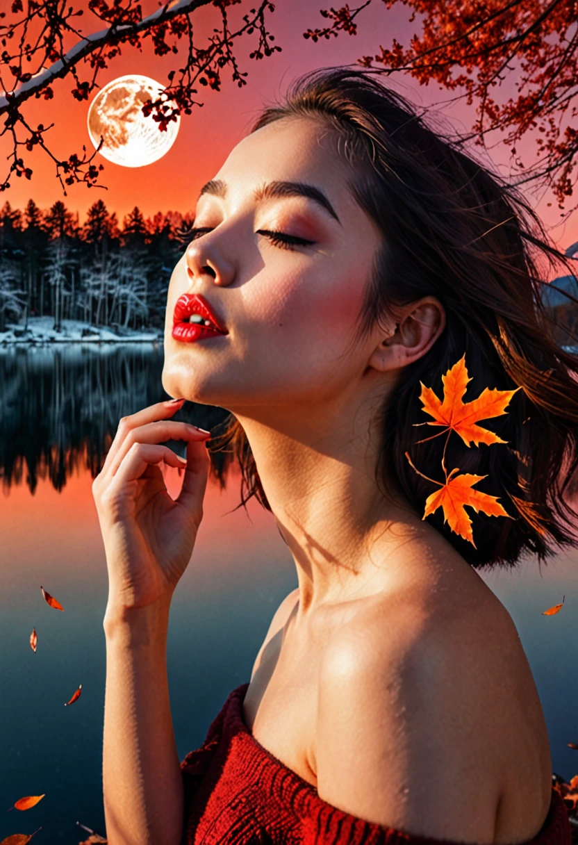 double exposure, girl, autumn, autumn leaves, bare shoulders, bare tree, branch, cherry blossoms, closed eyes, evening, falling leaves, fire, forest, from the side, full moon, lake, leaf, leaf background, lips, maple leaf, moon, mountain, nature, orange sky, outdoor, palm tree, pine, profile, realistic, red sky, landscape, sky, snow, solo, sun, sunset, tree, twilight, upper body, winter