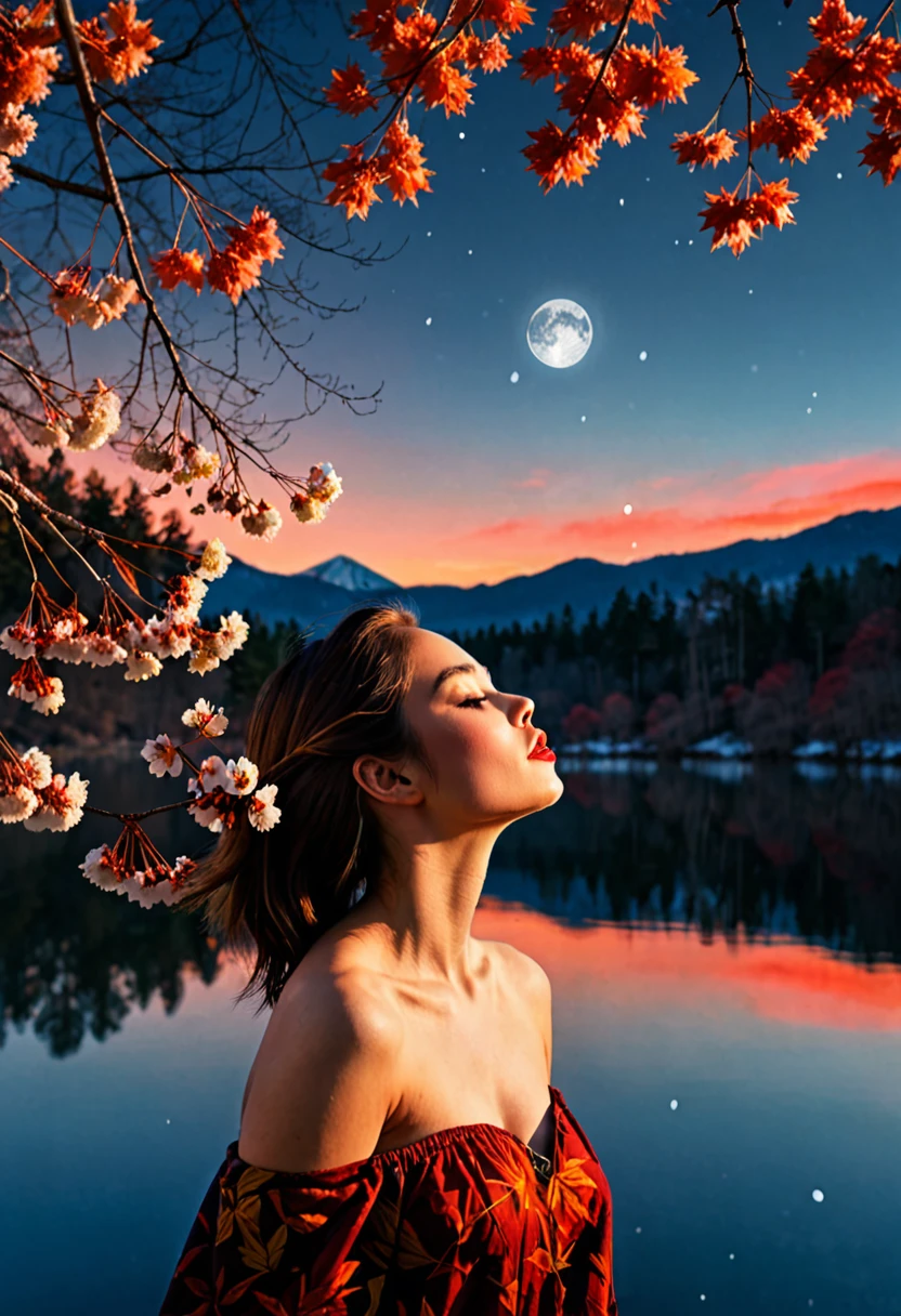double exposure, girl, autumn, autumn leaves, shoulders, tree, branch, cherry blossoms, closed eyes, evening, falling leaves, fire, forest, from the side, full moon, lake, leaf, leaf background, lips, maple leaf, moon, mountain, nature, orange sky, outdoor, palm tree, pine, profile, realistic, red sky, landscape, sky, snow, solo, sun, sunset, tree, twilight, upper body, winter