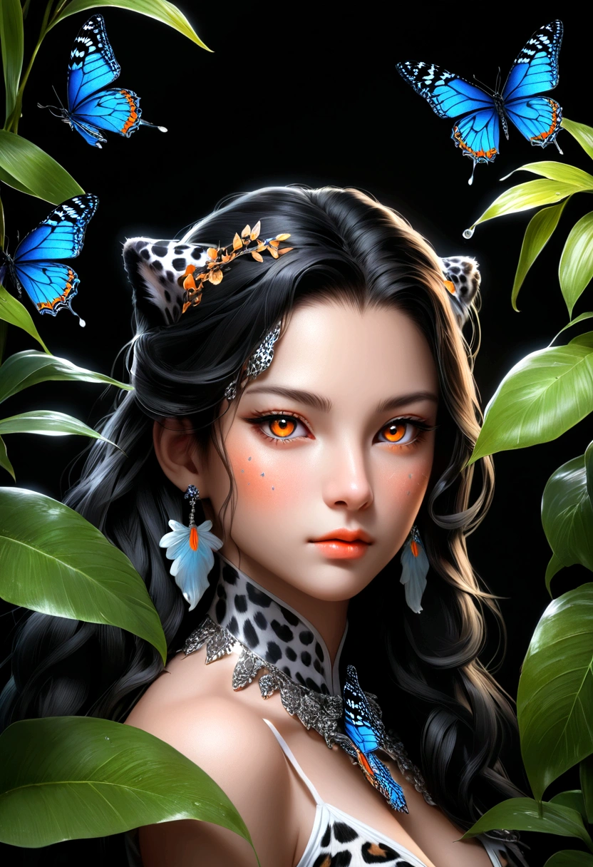 Lush plants,A fierce leopard in the jungle,1leopard,orange piercing eyes,black and white,dark background,photorealistic,realistic,high quality,high resolution,ultra detailed,masterpiece,studio lighting,cinematic lighting,dramatic lighting,Blue glowing butterfly,Water drops on leaves