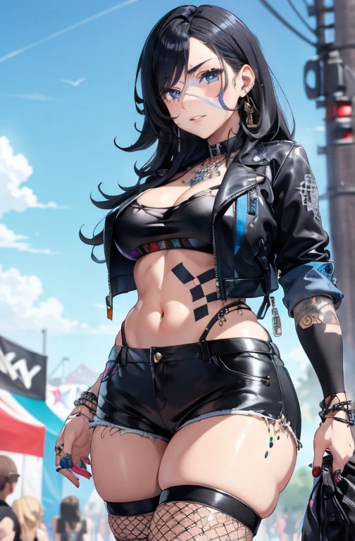 (work of art:1.2, best qualityer), (1 lady, standing alone, trunk:1.2), body hair: shaved on one side, a long time on the other side, dyed bright blue, make up: audacious, graphic eyeliner with rhinestones on the outer corners of the eyes, badass clothing: one made by hand, one of a kind, patchwork jacket with fringe, paired with black leather shorts and fishnet stockings, Accessories: a silver nose ring and multiple ear piercings with unique jewelry, Attend a music festival or alternative fashion event