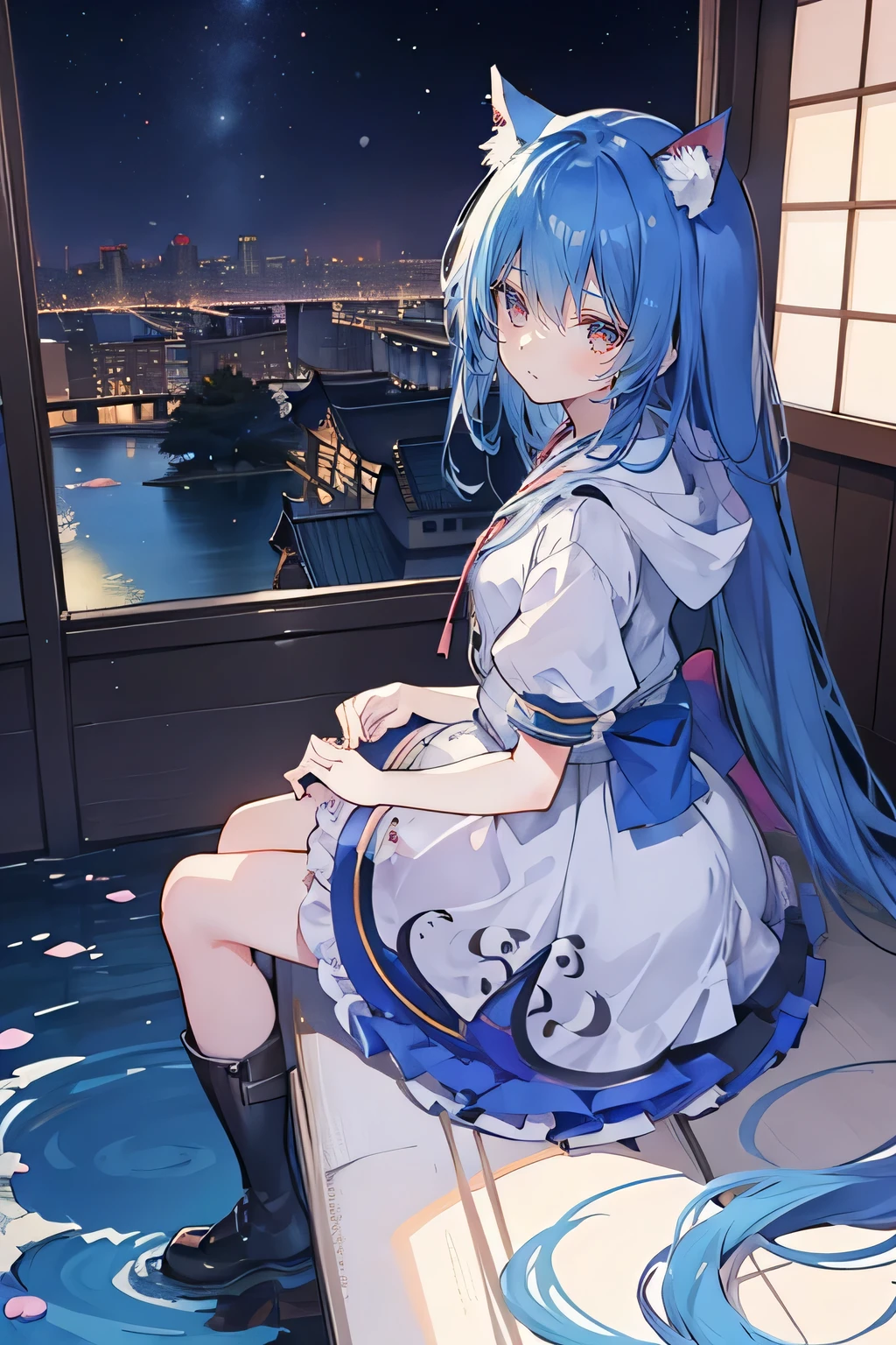 （masterpiece：1.2），Super detailed，lifelike，Expressive eyes，fair skin，perfect face shape，1 girl，
Japanese comics,Gorgeous blue hair,flowing blue hair,flowing clothes,Cat ears,Petals fall,beautiful lola,Baby Angel,
Cross your legs，Gentle and peaceful background，The pavilion is cool and comfortable,smile, wearing hoodie, background of tokyo,back views,snowing, winter.