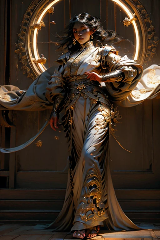 1 woman, Asia, delicate face, beautiful, Big eyes, full body, sacred, high cold, Flowing hair , facial details, Spectacular armor, Spectacular accessories, white skin, black hair, sacred, Masterpiece, Fantasy, แสงsacred, ring of back, 41 rings, reality and dreams come together, 8K, maximum, best quality, Masterpiece, close up, from the front, Facing the audience, full body, alone,