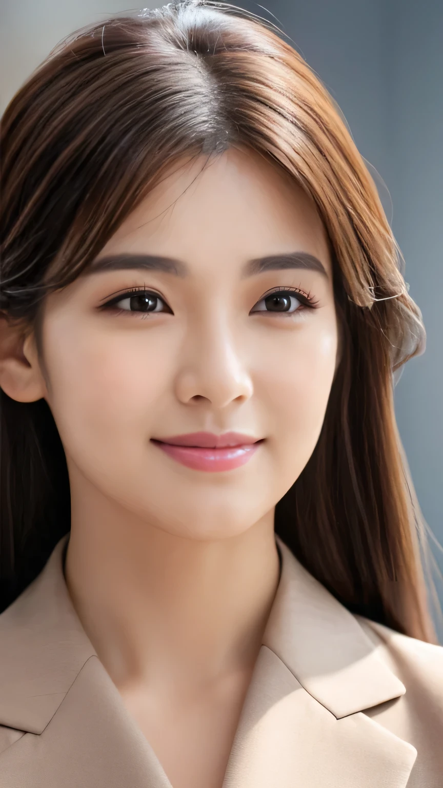 Tabletop, Highest quality, Realistic, Very detailed, finely, High resolution, 8k wallpaper, One beautiful woman,  ((Australian/Japanese mix)),  Light brown super long hair, Wearing a business suit, Sharp focus, Perfect dynamic composition, Beautiful and detailed, Long eyelashes、((Heavy makeup))、Detailed Realistic skin texture, smile, From the chest up、