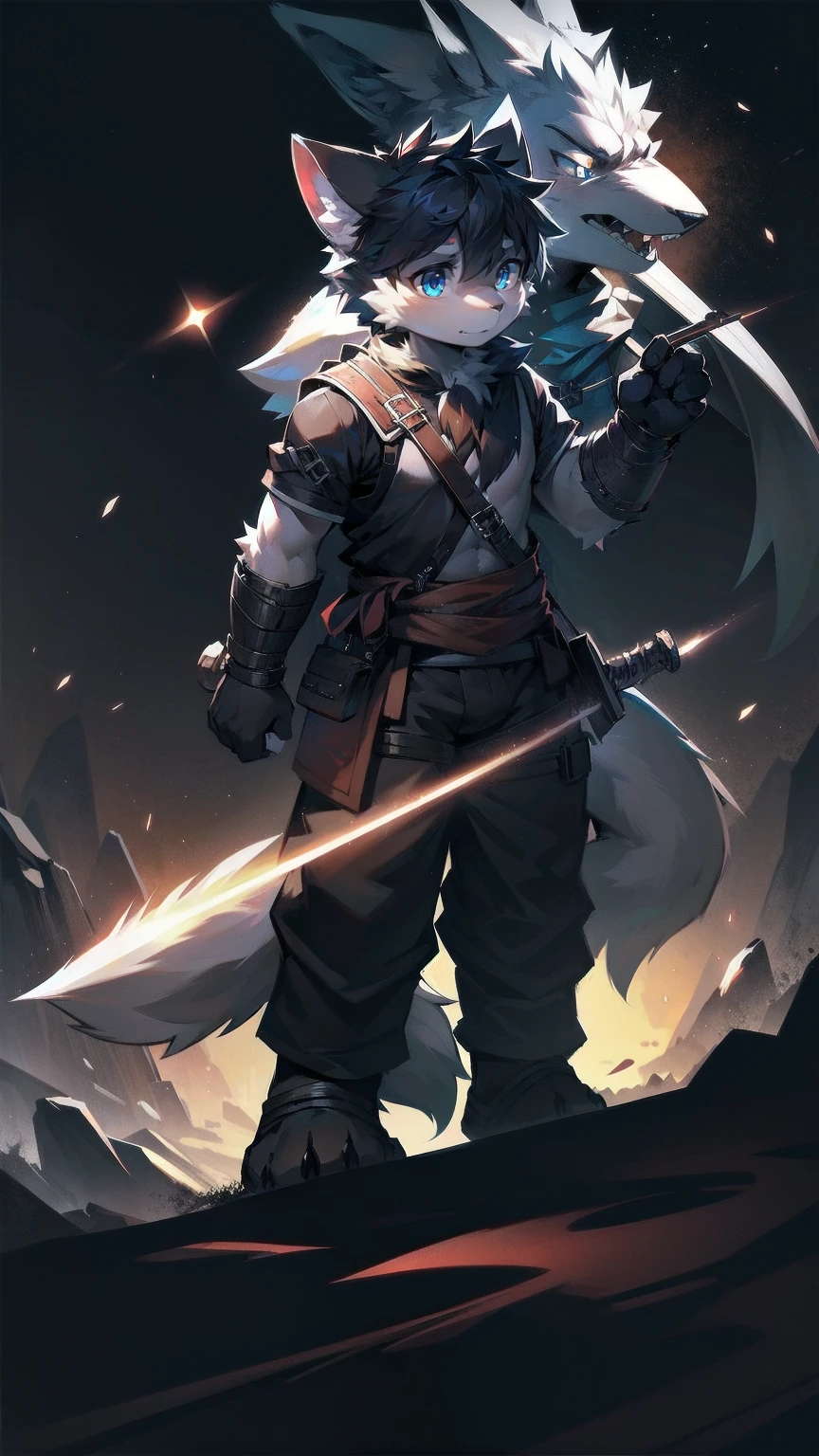 White Wolf，black hair，Sky blue eyes，hairy，Wolf ears，Wolf tail，Full body portrait，The character is in the center of the frame，Handsome，Confident eyes，male，juvenile，Black and white combat uniform，Red neck bib，Black shorts，Short sleeve，hairy arms and legs，Dark background，Dark battlefield，dawn，sunrise，dawn，illumination，shadow，Swordsman，Scabbard and sword，Hold the hilt of a sword in your hand，The scabbard is at the waist，Highest quality