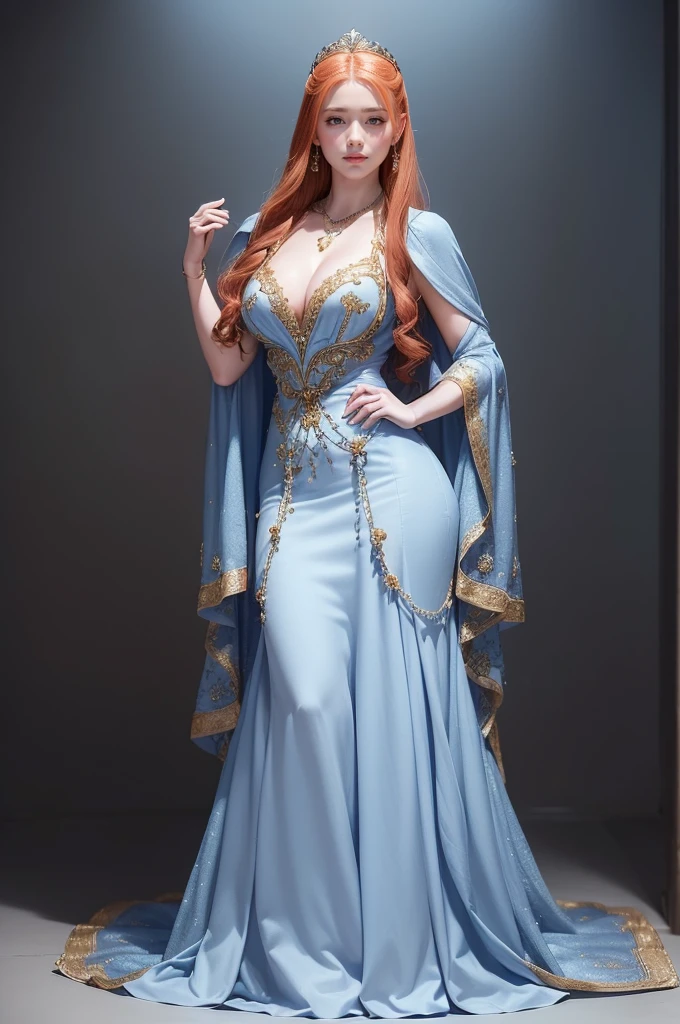 (masterpiece, best quality, cinematic, photorealistic, ultra-detailed), (1girl, Sophie Turner as Sansa Stark:1.2), (wide shot, full body view, from the front:1.5), (wearing Southern Gown, A deep blue dress with golden embroidery and a matching necklace:1.3), (Elaborate updo with curls and twists, showcasing her noble status in King's Landing, includes accessories such as small jeweled pins or ribbons), (blue eyes, soft and shimmery eyeshadows, detailed pupils, defined eyelashes), (blushing, slightly parted lips, cherry lips, fluffy lips), sexy body, perfect hands, (large cleavage, massive tits, underboobs), (sensual pose), (gradient background), looking at the viewer