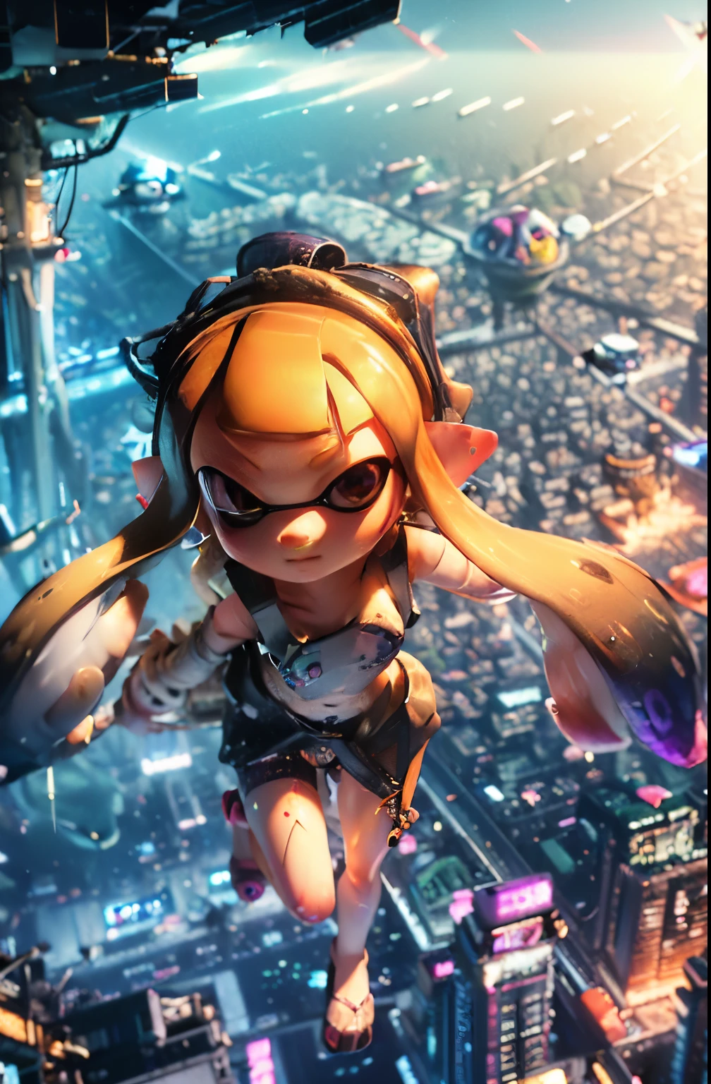 (masterpiece:1.2), Highest quality,Realistic, High resolution、
Cyber World,((One Splatoon girl)), Letterbox, alone, Golden Eyes、smile、blush、A slightly thinner face、Golden tentacle hair, Big Breasts、Cleavage、scenery, short hair, Jacket, sf, Holding, Holographic interface, The tallest building observation deck、Outdoor、((Miniature city))、A small looking town、City wide angle、city, blue Jacket, Fingerless gloves, city lights, Girl looking at the city below, cityscape, boots, building, night, Angle from above、Dynamic Pose、Jump、jump off、Fisheye Lens、Real Anime、3d、
xuer flies over