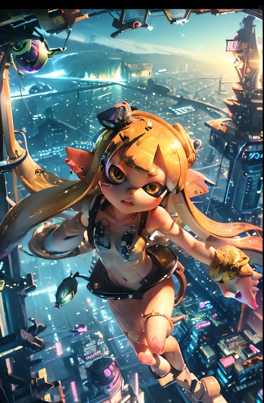 masterpiece、Highest quality、High resolution、Real Anime、3d、(Splatoon Girl)、Beauty、tall、A slightly thinner face、Golden glowing eyeulticolored tentacle hair、blush、smile、Red punk clothes、Short jacket、gigantic breast、Cleavage、Micro Mini Skirt、 ( neon cyberpunk ), neon sings, Neon lighting, Lightning、(( fly in the sky. Dynamic pose of jumping))、(Midnight sky above the city). full moon. Starry Sky. 