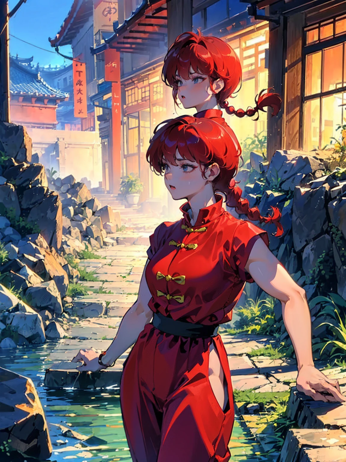 ((masterpiece:1.4)), expensive quality, very_expensive_solve, big_file size, Full Color, Thick outline, Clear contours, colorful, (Beautiful fine details, Are thin:1.4), ((Beautiful Face:1.0)), ((Boyish face:1.4)), 1 girl, (Ranma), (Redhead), short hair, (Braided Ponytail), ((bangs)), bumpy bangs, Blue-gray eyes, , , Ranma, Braided Ponytail, (Red Chinese Clothing, Short sleeves in red), No sleeve, Tangzhuang, (Black trousers), , Tangzhuang, (Black trousers), Are standing, ((, Are thin:1.4)), ((from the front:1.4)), Are thin:1.4