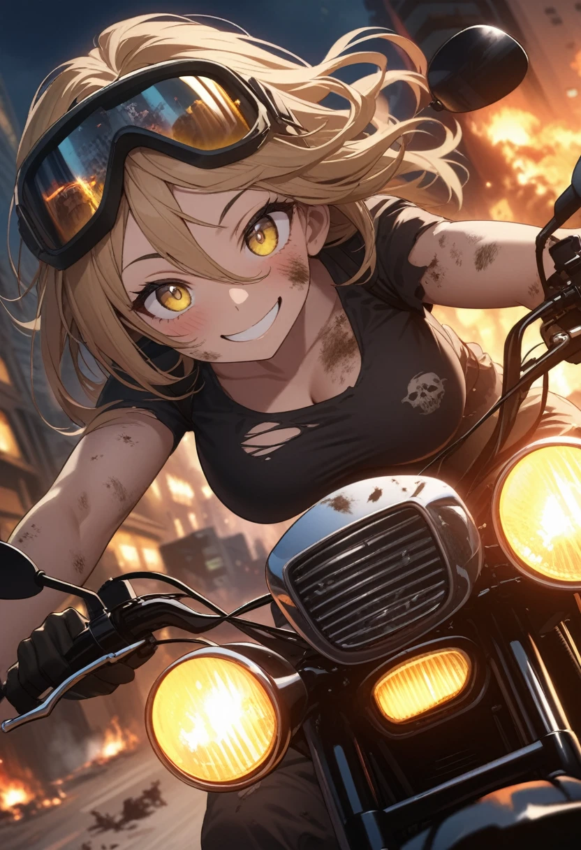 Golden hair, golden eyes with black pupils, woman, cruiser motorcycle, big chest, motorcycle goggles, happy, big smile, dirty, burning city at night, zombie apocalypse, tattered black streetwear, speeding, highly detailed, perfect eyes, well defined eyes, highly detailed eyes, expressive eyes, perfect hands, highly detailed anatomy