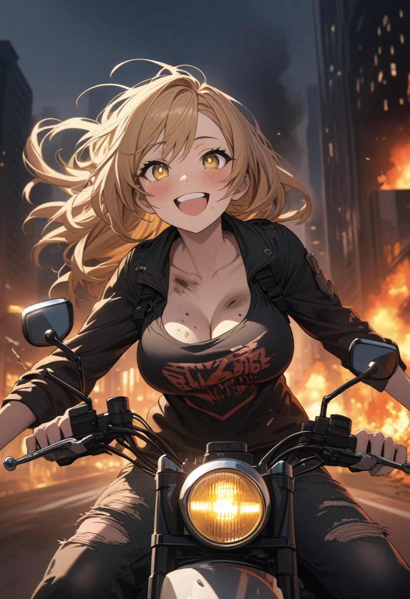 Golden hair, golden eyes with black pupils, woman, cruiser motorcycle, big chest, motorcycle goggles, happy, big smile, dirty, burning city at night, zombie apocalypse, tattered black streetwear, speeding, highly detailed, perfect eyes, well defined eyes, highly detailed eyes, expressive eyes, perfect hands, highly detailed anatomy