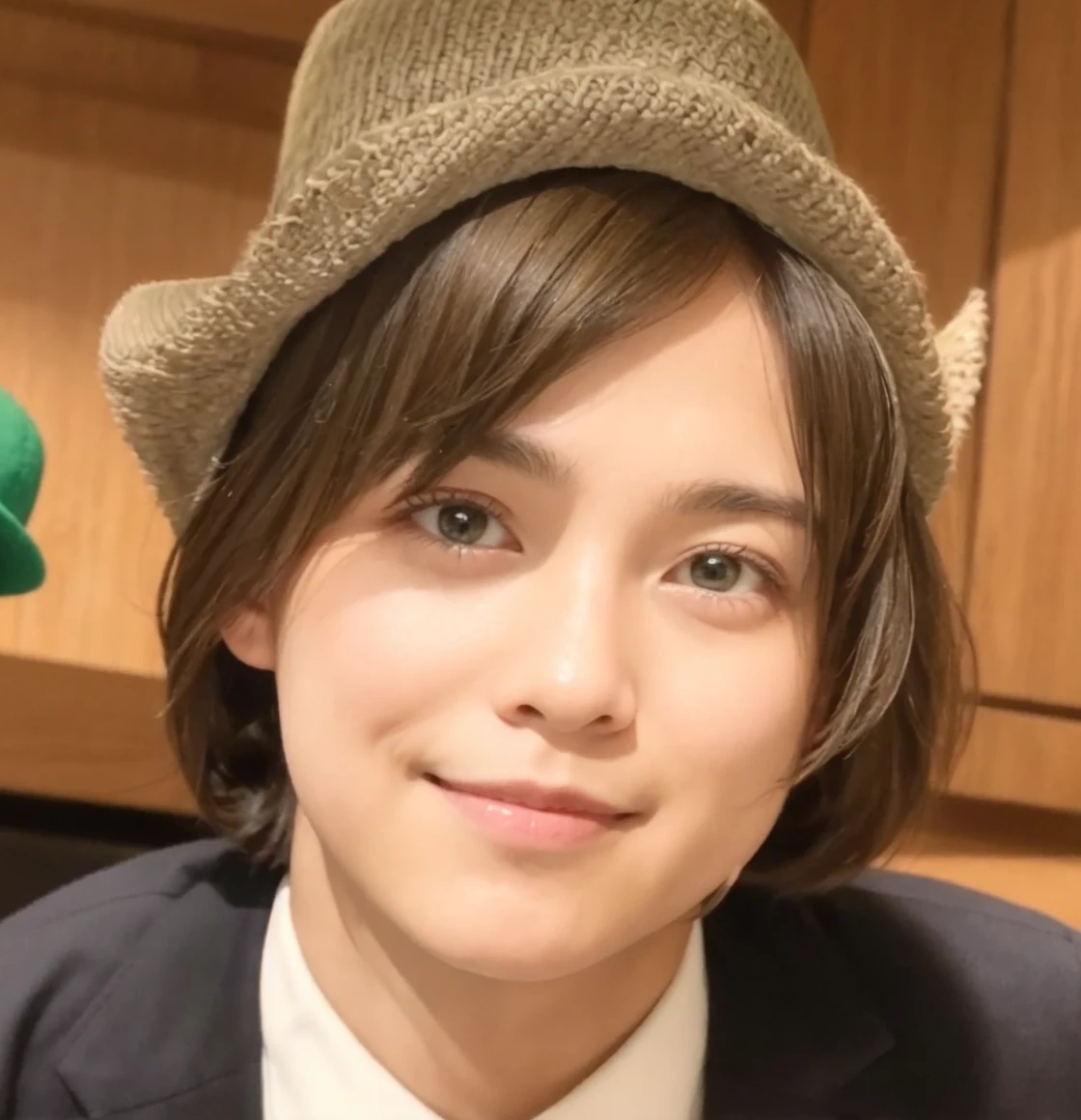 Please make the face of the attached person green and put a yellow hat on him.。