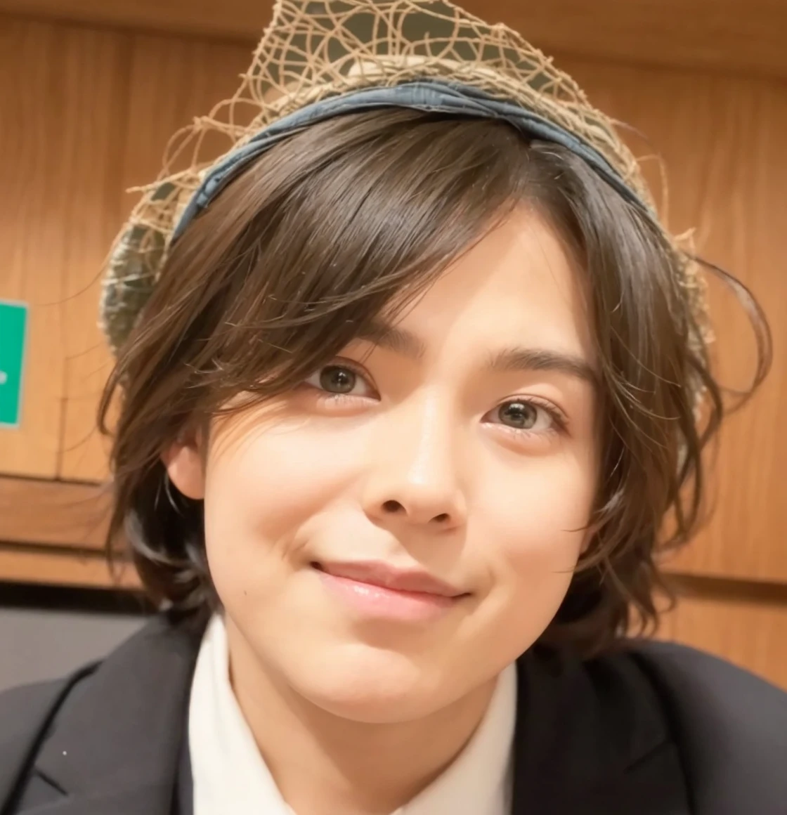 Please make the face of the attached person green and put a yellow hat on him.。