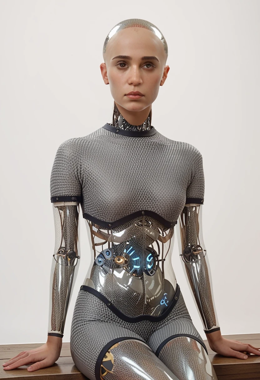 ava, portrait, android, transparent skin parts, looking at the viewer, waist, gray bodysuit, bald, perfect skin, smooth skin, round face, sitting, cowboy shot, score_9, score_8_up, score_7_up, score_6_up, score_5_up, score_4_up