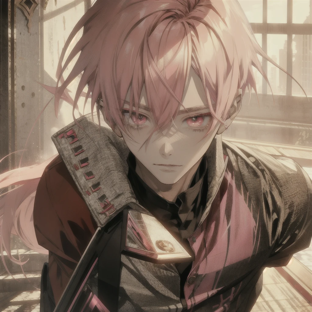 1boy,pink hair,best quality,masterpiece,extremley,red eyes,male focus,beautiful eyes,