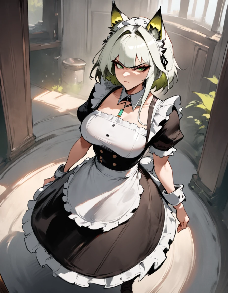 1girl, kal'tsit \(arknights\), arknights \\\\\ masterpiece, best quality, very aesthetic, absurdres, newest \\\\\\ slim body,///// ,by nyantcha,cutesexyrobutts , by khyle,,////// beautiful face, sexy, serious, angry, green eyes, animal ears, big tits,victorian maid
,  solo,maid uniform, ,skirt, black and white clothes