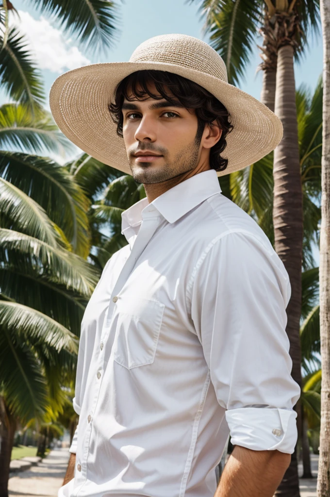 Dark-haired man with palm hat and white shirt 